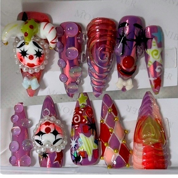 Other - Harlequin 3D Clowncore Press On Nails Harajuku Goth Kawaii Edgy Purple Circus S
